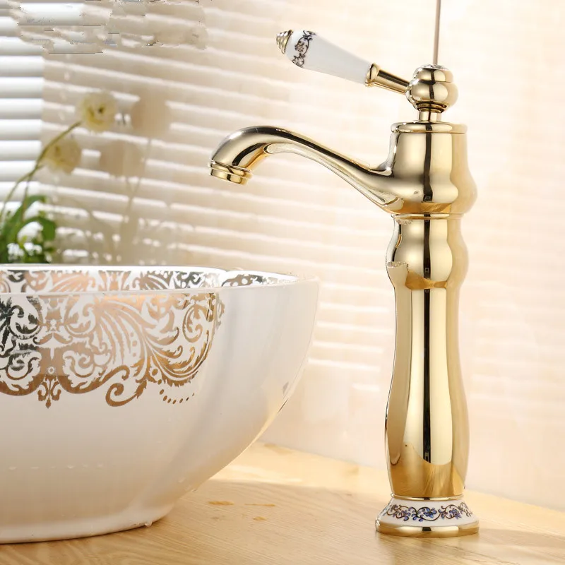 

Free shipping Antique Luxury Bathroom brass single hole copper hot and cold basin faucet bathroom gold Wholesale faucet