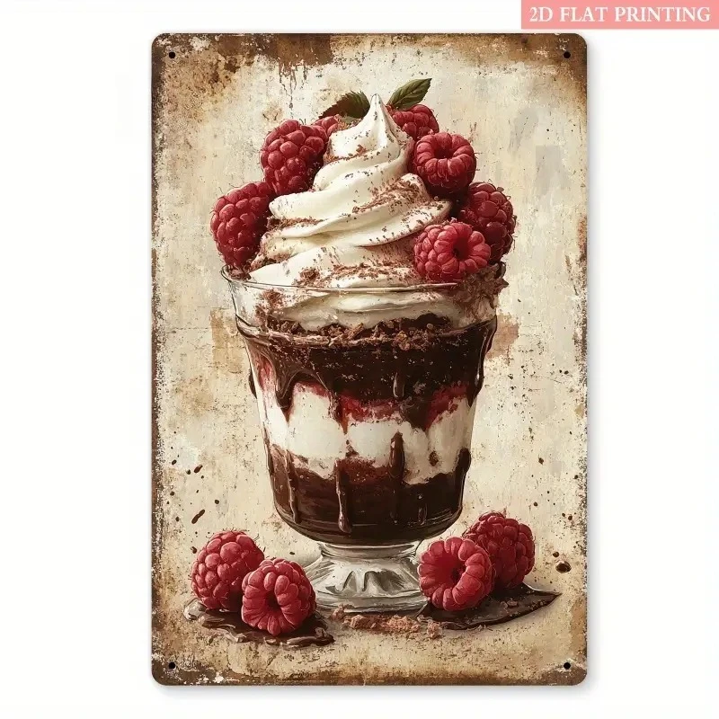 2D Flat, 1pc Vintage Raspberry & Cream Metal Wall Decor - Rustic Kitchen Sign with Layered Dessert Glass Cup Art - Heavy-Duty