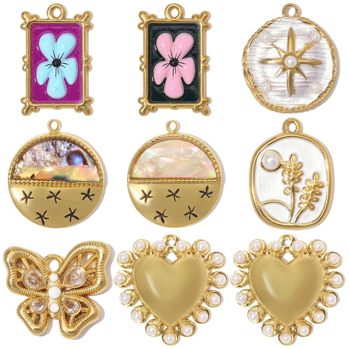 3pcs/Lot Stainless Steel Zircon Butterfly DIY Charm ABS Pearl Heart Flower Necklace Pendant Woman Shell Starfish Jewelry Finding