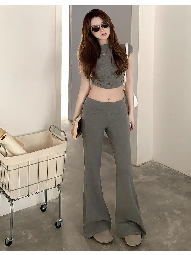 กางเกงโยคะเอวสูงทรงสลิมสำหรับผู้หญิง กางเกงขายาวถักเนื้อผ้านุ่มเบาสบายเหมือนปุยเมฆ กางเกงลำลองฤดูร้อนสไตล์เกาหลี ทรงขาบาน