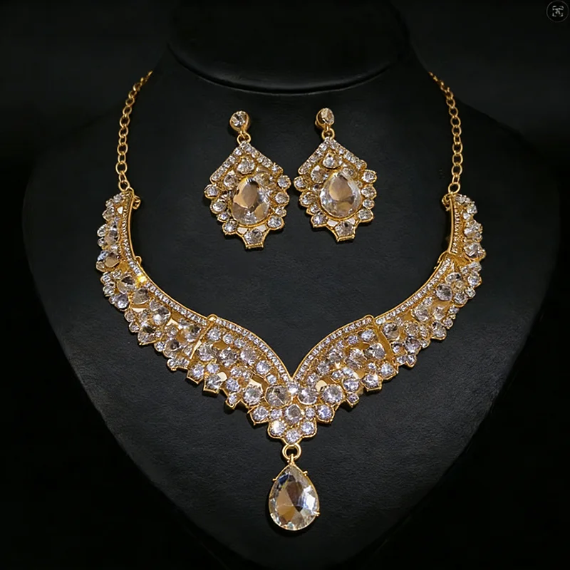

Блестящий комплект ювелирных украшений с кристаллами: колье и серьги, роскошный комплект с подвесками в форме капли для свадьбы, вечеринки, банкета, аксессуары B