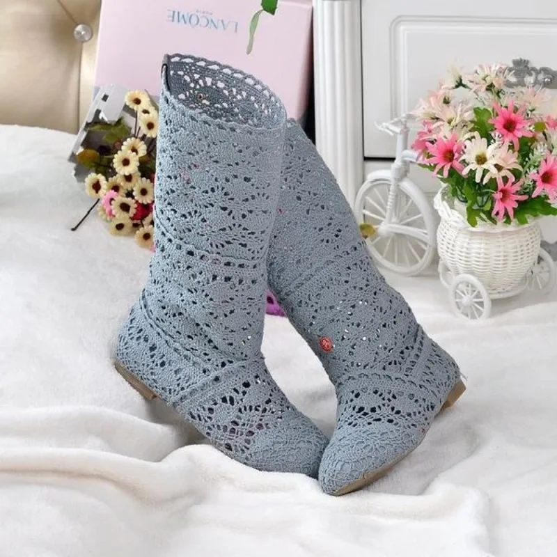 2023 spring and autumn knitted hollow boots flat bottom mesh high / low tube breathable fashion lace boots women\'s shoes