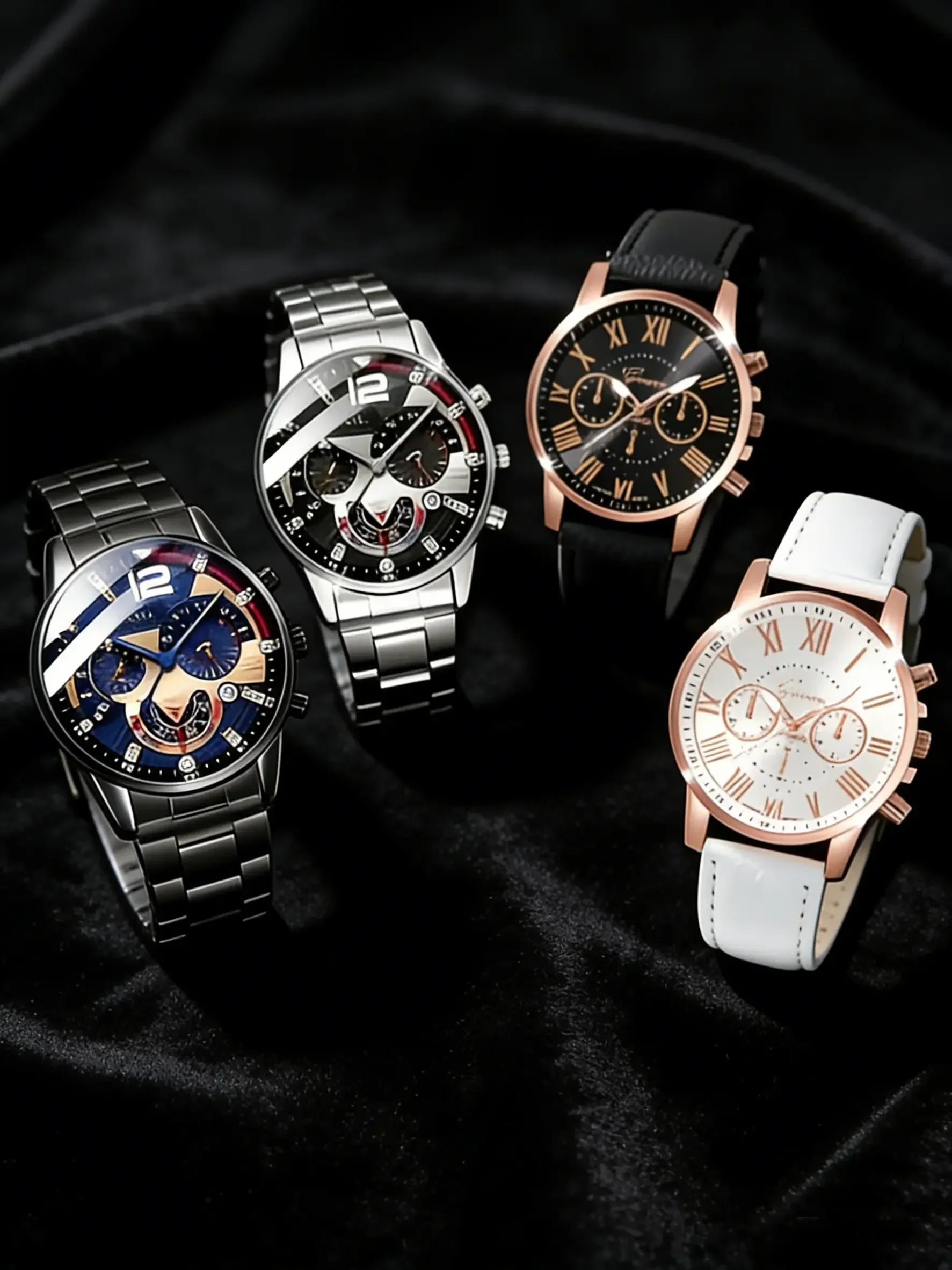4-piece Fashion PU Strap Round Zinc Alloy Case Neutral Couple Watch, Modern Fashion Watch Set