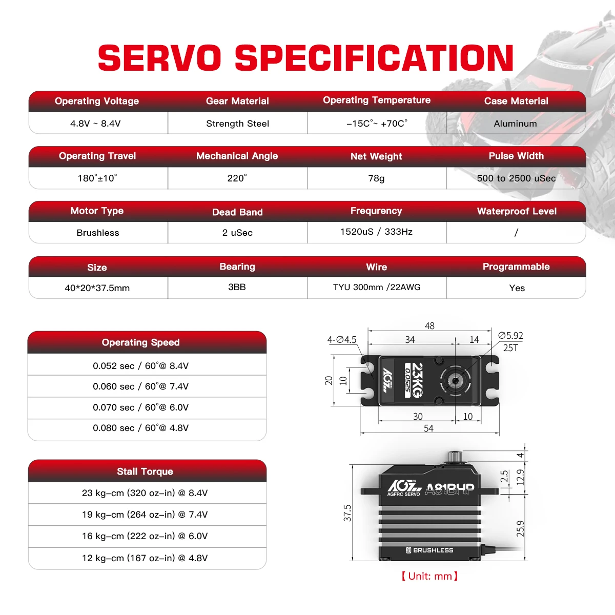 AGFRC A81BHP 23KG Super Speed Steel Gears HV Brushless Programmable Standard Steering Servo For 1/8 RC Truck Car Boat Aircraft