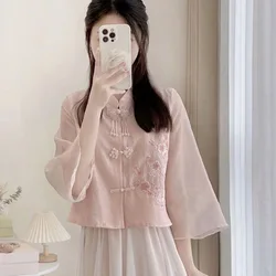 Pink Improved Embroider Flower Hanfu Shirt New Chinese Style Pink Cheongsam Top Young Girl Tang Clothes Mandarin Collar Coat