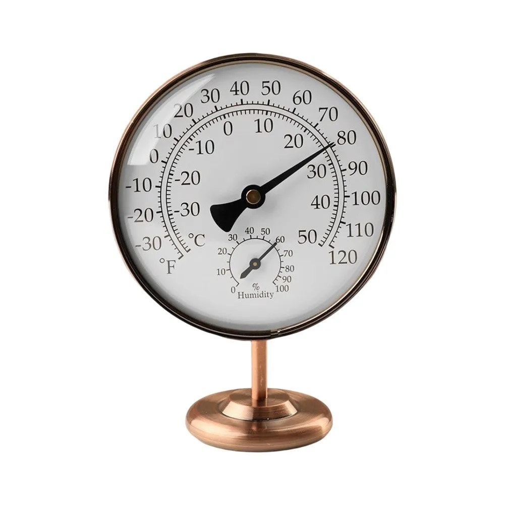 1 Piece 4 Inch Brass Dual Scale Thermometer Humidity Gauge With Stand For Indoor Home Office Garage RV Wall Decor Monitoring