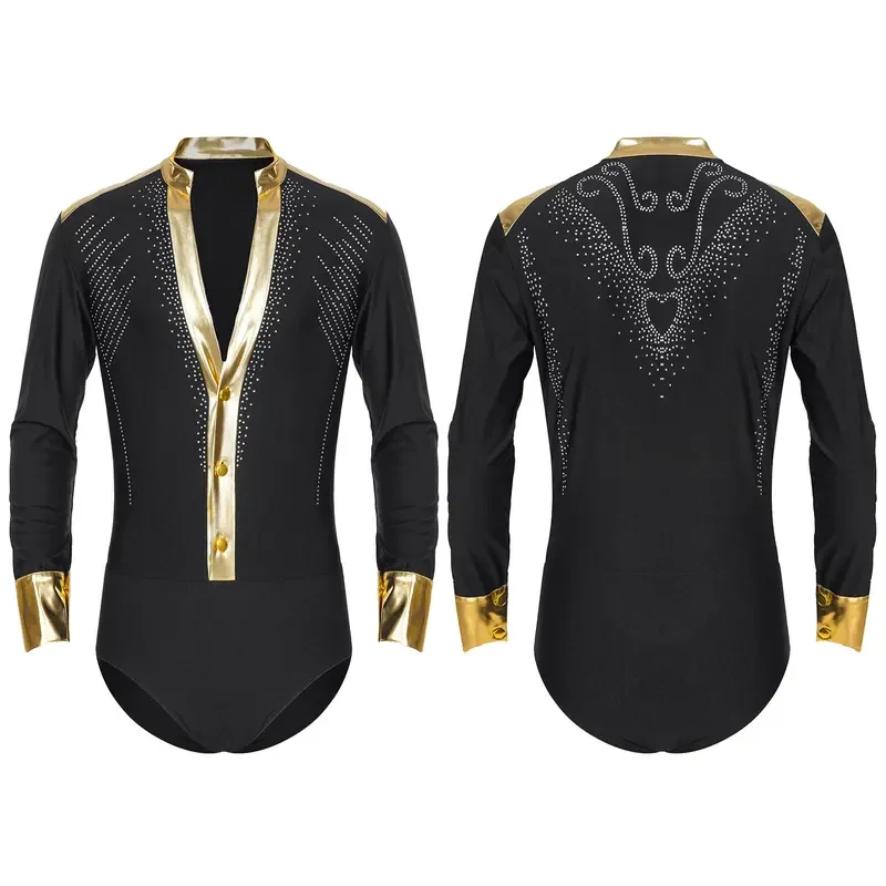 RT01 Mens Shiny Gold Trim Scollo a V Body da ballo latino Camicie Manica lunga Tuxedo Body Modern Jazz Chacha Rumba Sala da ballo C&Gf1