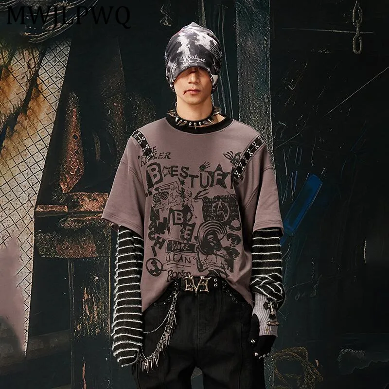 

MWJLPWQ Мужская футболка с имитацией двухслойности, в полоску, со съемной пряжкой на плече, с круглым вырезом, с принтом, свободного кроя, с длинными рукавами, новинка 13269