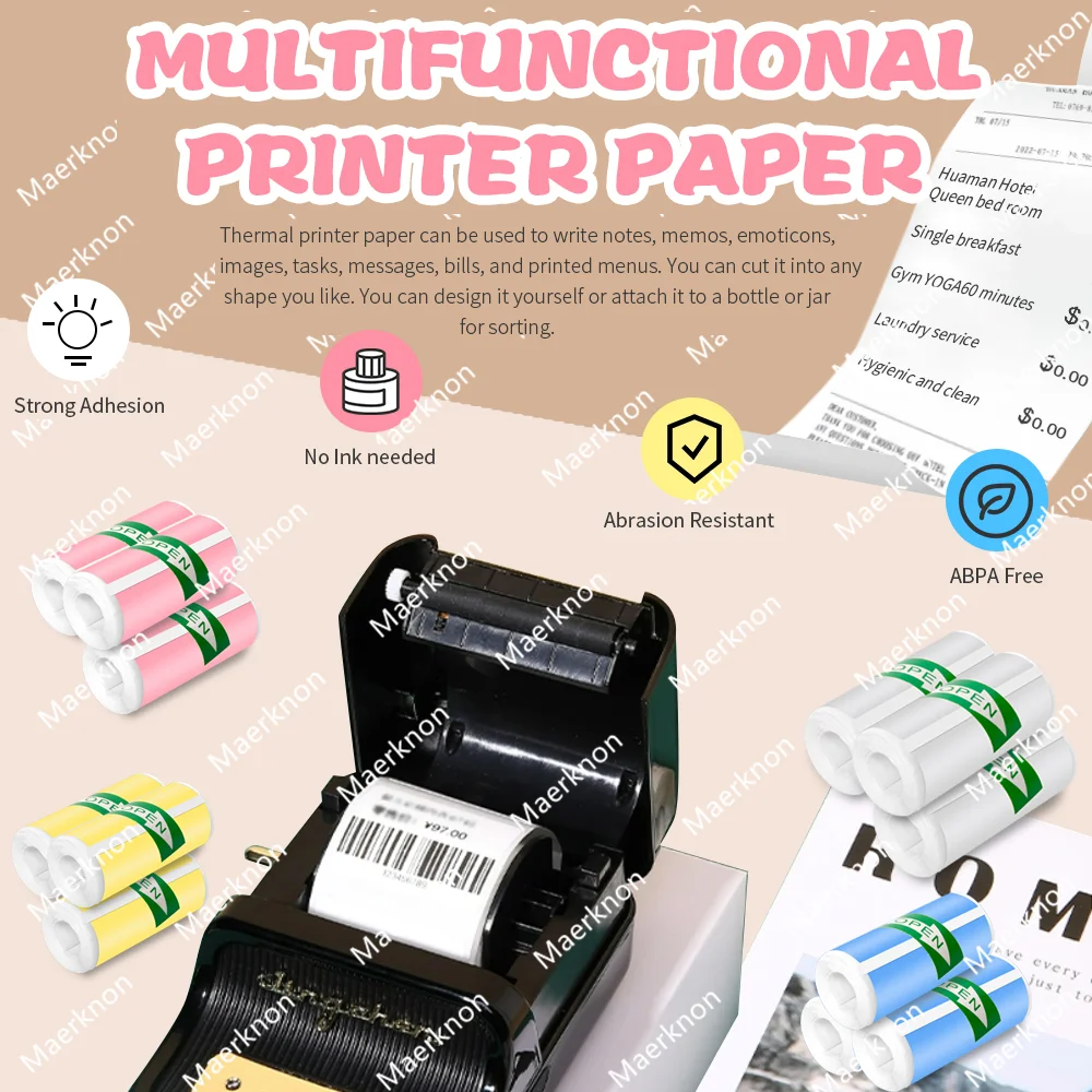 5 Rolls Colorful White Mini Printer Self-Adhesive Paper, 57mm Adhesive Thermal Printing Paper, Office Label Paper Printing Paper