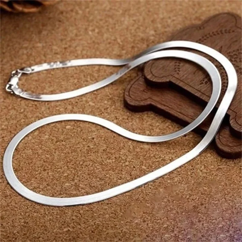 Pure 925 Sterling Silver 4MM Width Blade Chain Necklace Smooth Unisex Couple Lover Clavicle Collar Women Men Jewelry
