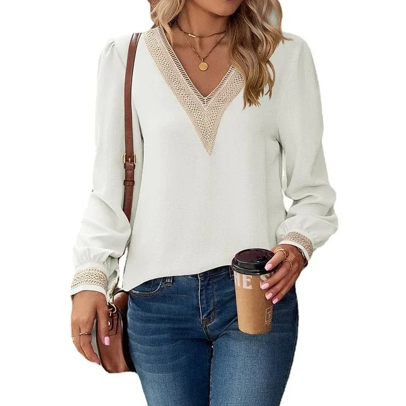 Women Autumn Tops Clothes Long Sleeve V-neck Lace Parchwork Blouse Loose Smooth Ice Soft Silk T-Shirt Casual Streetwear Tank Top