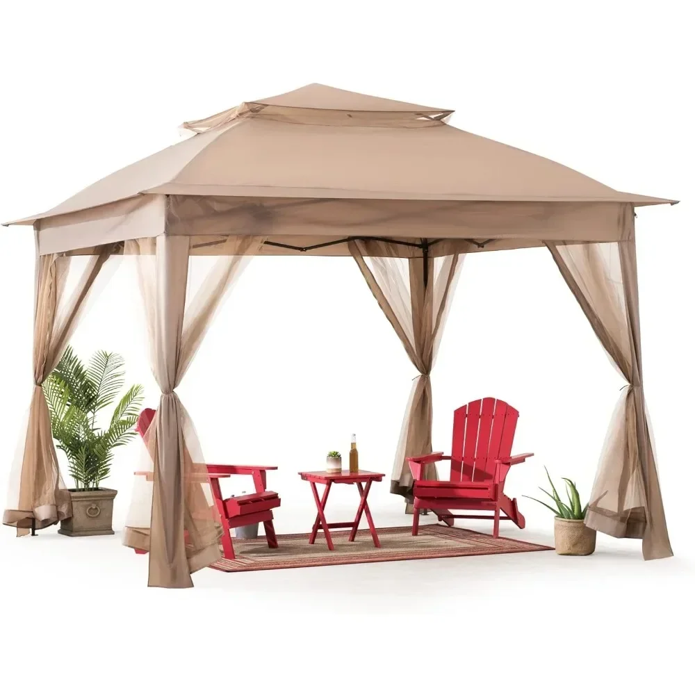 11x11 ft. Pop-Up Instant Gazebo, Outdoor Portable Steel Frame 2-Tier Top Canopy/Tent with Netting and Carry Bag