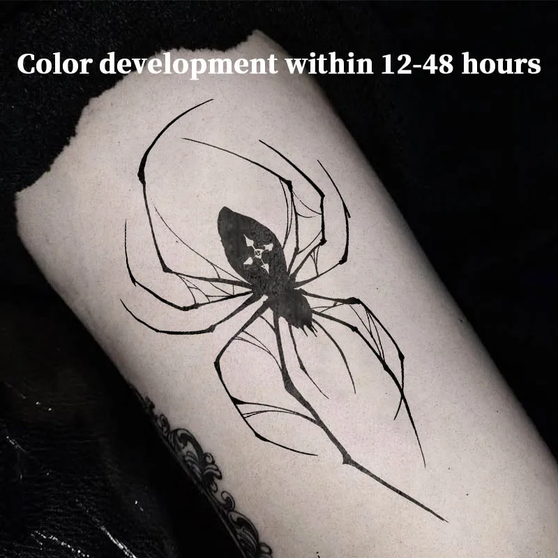 Minimal Thin Line Black Widow Spider Herbal Juice Tattoo Sticker Waterproof Fake Body Tattoo Unisex Forearm Gothic Dark Aestheti
