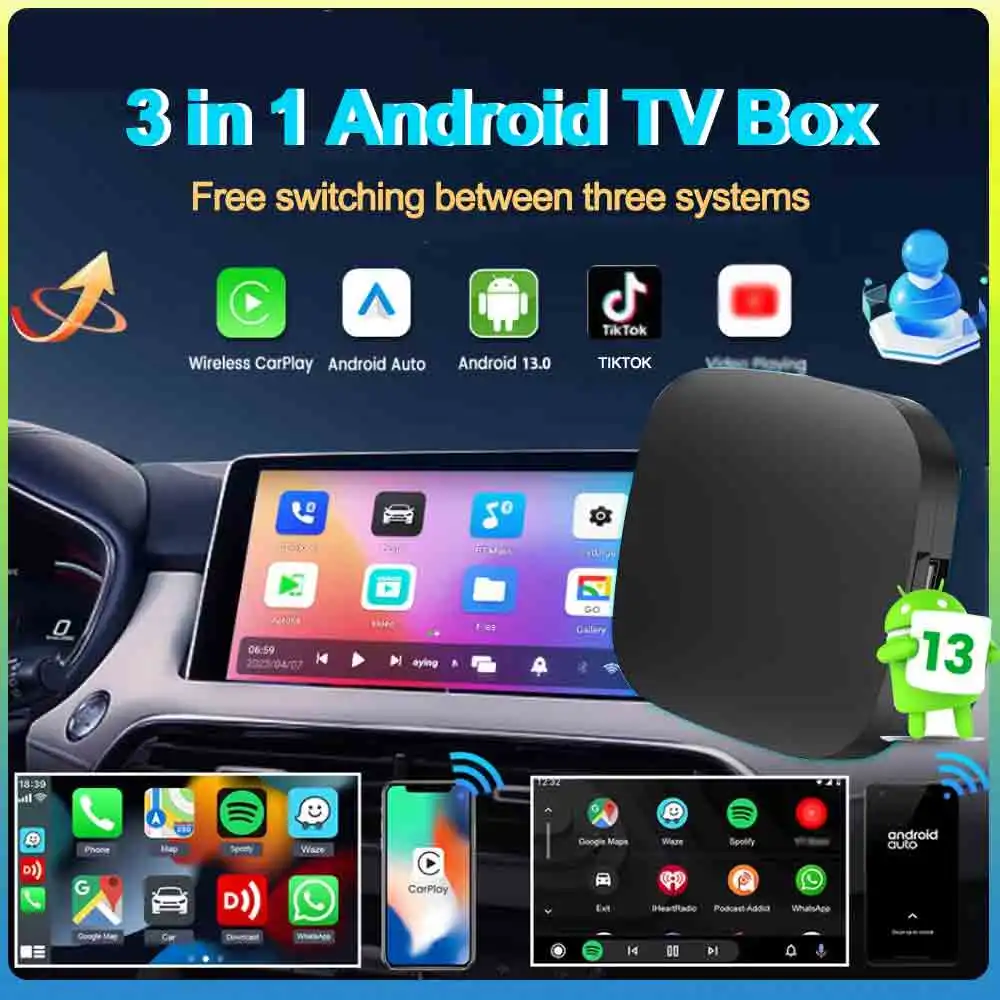 3 in 1 Android 13 AI Carplay Android Auto Wireless Adapter OEM Wired To Wireless CarPlay Box Fast Connect Netflix YouTube 