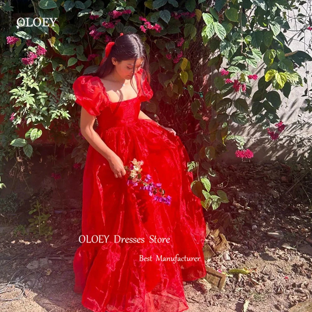 OLOEY Red A Line Silk Organza Evening Dresses Korea Wedding Photoshoot Square Neck Short Sleeves Prom Gowns Party Birthday