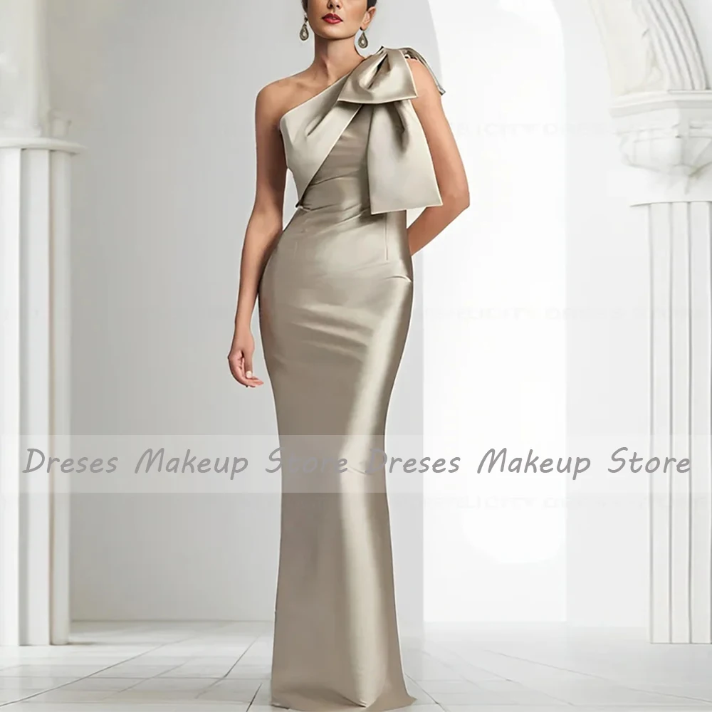 Pewter Satin Evening Dress One Shoulder Bow Sleeveless Column Evening Gowns for Women 2024 Trumpet Elegant Wedding Party Dresses