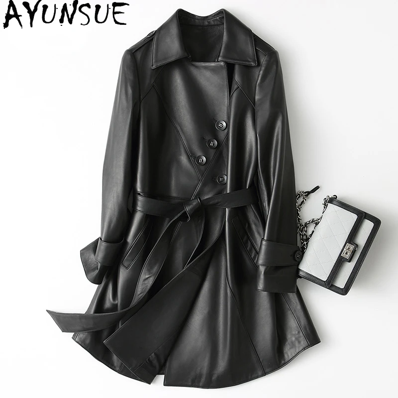 AYUNSUE Schaffell Echtes Leder Jacke Motorrad frauen Leder Jacke Frühling Mäntel Frauen Schwarz Lange Jacken Chaquetas Sq924