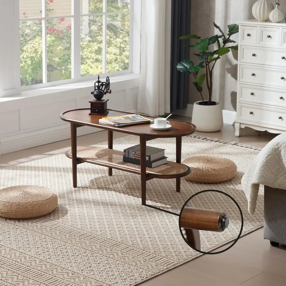 Rattan Coffee Table, Modern Walnut Wood Coffee Table with Rattan Storage Shelf for Living Room, 2-Tier Center Table Side Table