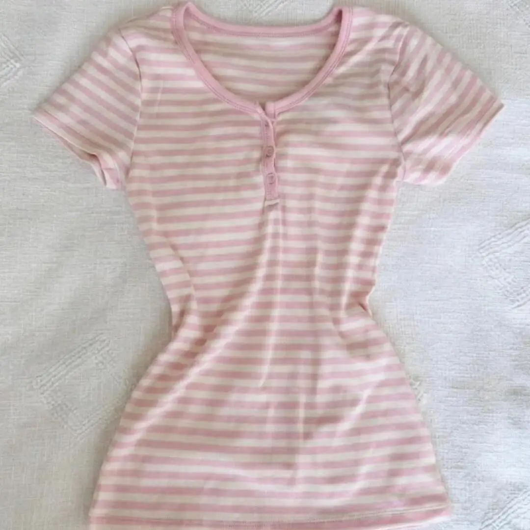 Aesthetic Fairycore Grunge Shirts for Women Y2k Top T-shirts Pink Striped Short T-shirt Ropa De Mujer Kawaii Clothes Tee