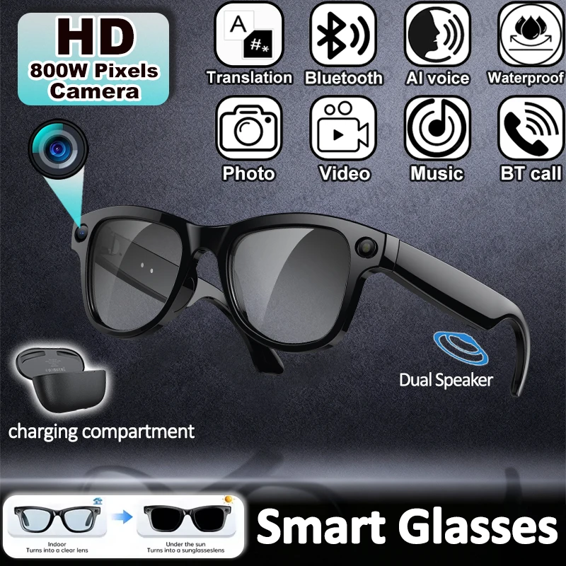 AI Smart Glasses 800W Pixel Camera Translation AI Voice Anti-Shake Video Record Dual Speaker Charging Case BT Call Smart Glasses