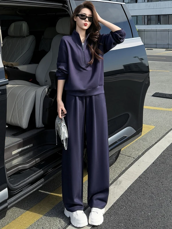 

Winter Fashionable Women's Korean Style Set Casual Sporty Two-Piece Suit Comfortable Long-Sleeve Top Wide-Leg Pants