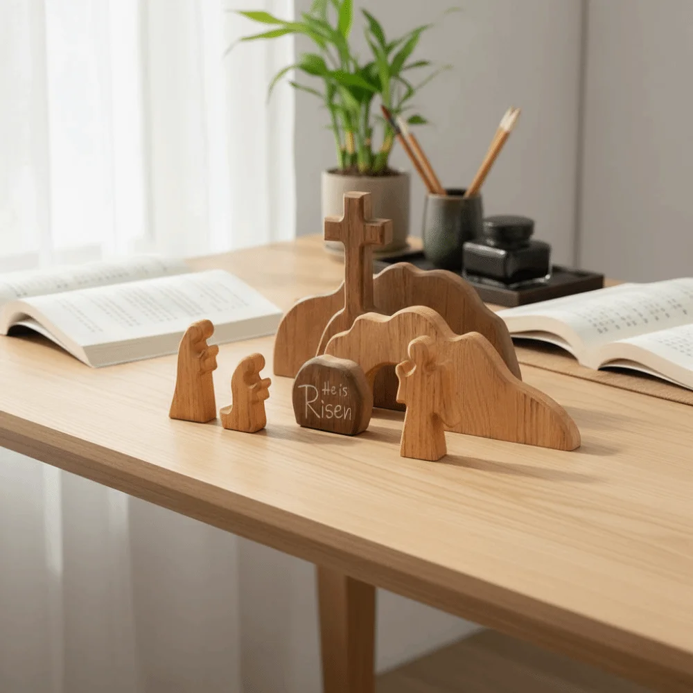 Ornement unique en bois, scène de Pâques avec tombe vide, décoratif DIY, ensemble de plateau tombe de Jésus, mini statue de la résurrection de Pâques pour l'étude