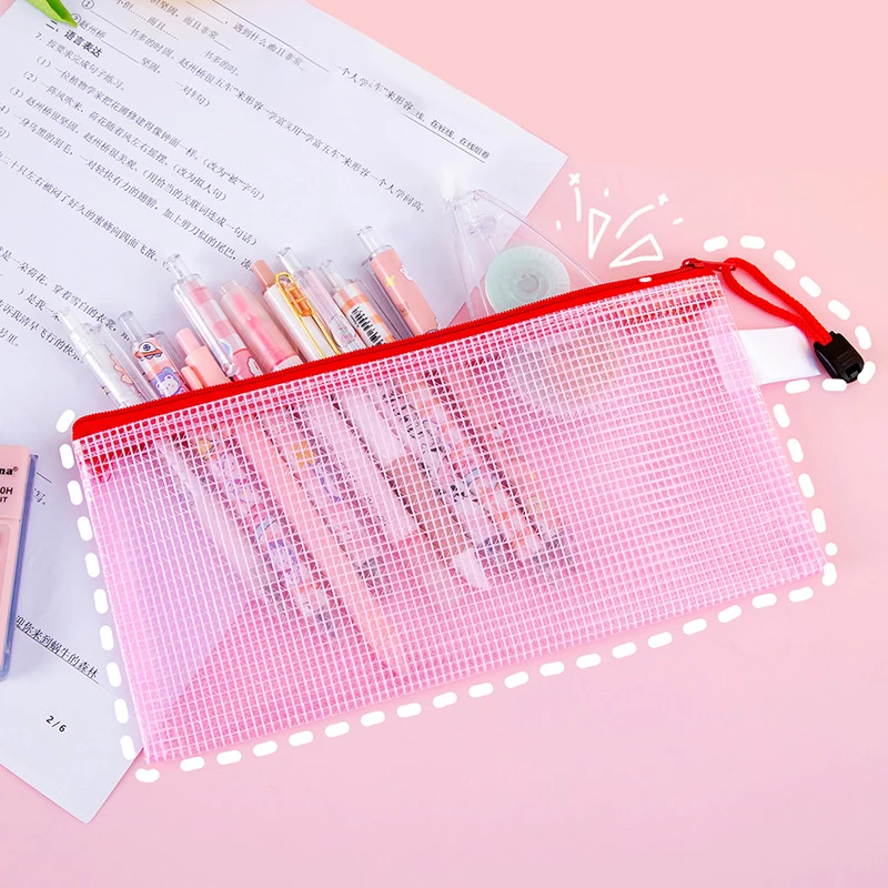 Transparent Mesh Zipper Handle Pouch Waterproof Plastic Document Pouch Multipurpose Travel Storage Bag Office Appliances