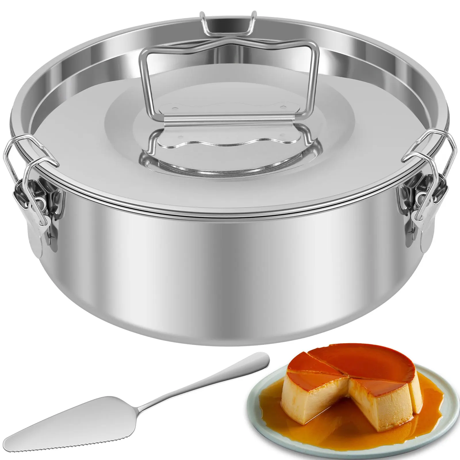 Molde Flan de 7,5 pulgadas para olla rápida, sartén de acero inoxidable 6QT a 8QT 304, con mango de tapa, 1.5QT, redondo, portátil