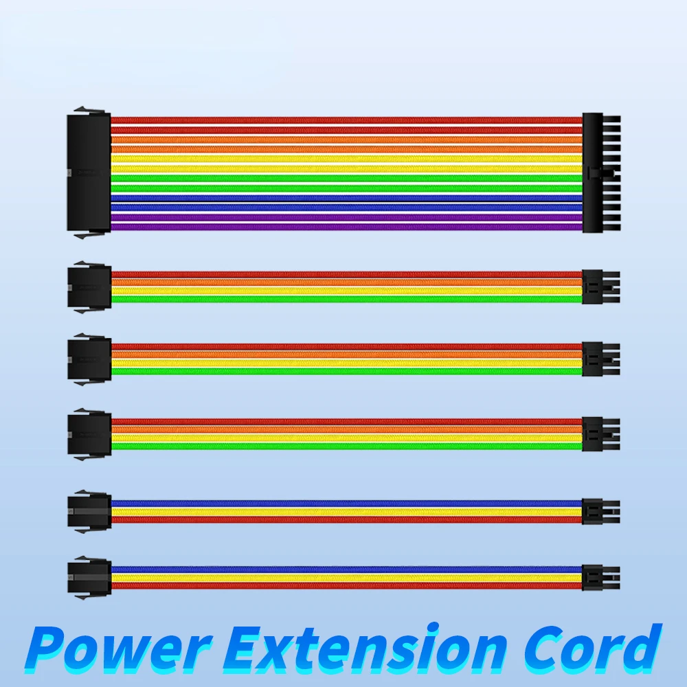 

18AWG ATX 24Pin PCI-E8Pin 6+2Pin PCI-E6Pin CPU8Pin 4+4Pin 300mm PSU Power Supply Extension Cable Kit Rainbow Nylon Braided Cable