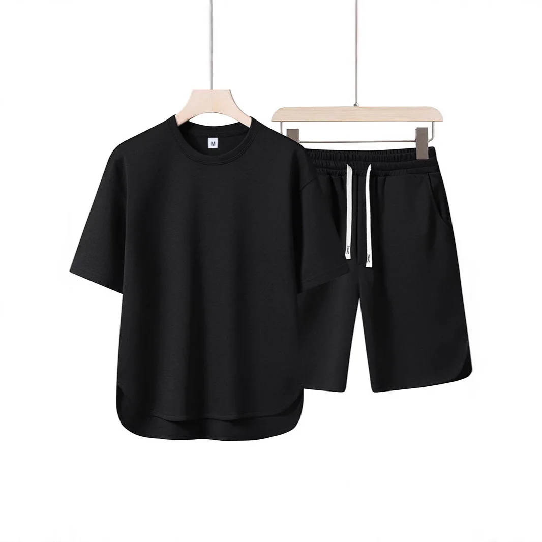 Men's Round Neck Short Sleeved Shorts Fashion Men's Summer Set Two-piece Set Breathable T-shirt Hem Curved Shorts Set