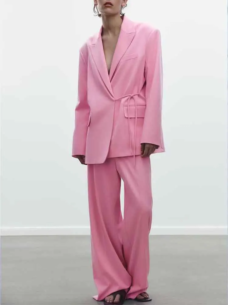 

European style new women's fashion versatile loose lapel long-sleeved tie suit jacket casual high waist trousers suit