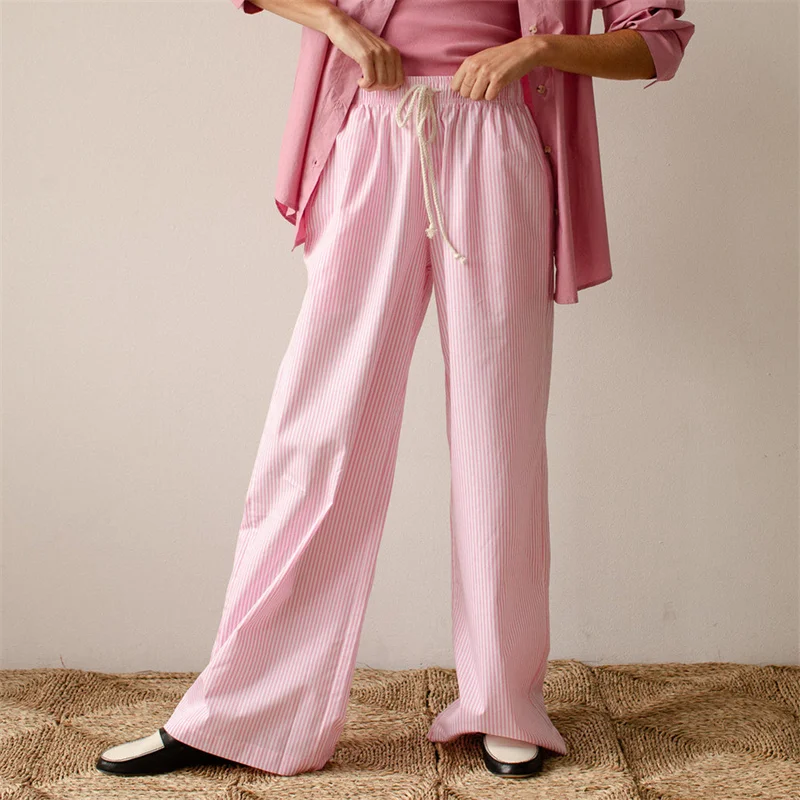 Pantalones de pijama de pierna ancha a rayas para mujer, ropa de calle informal, holgada, de cintura alta con cordón, Vintage, Y2K