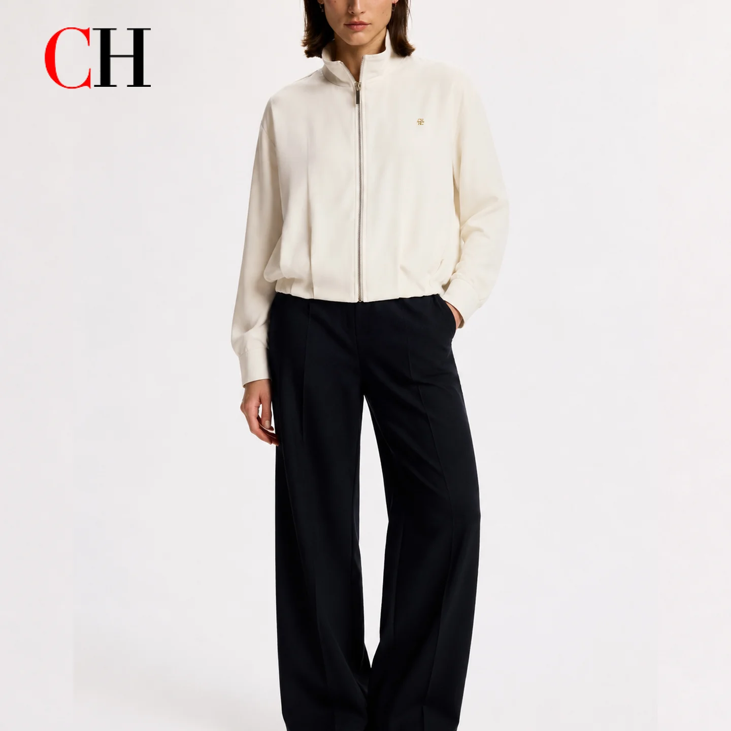 CH Women Stand Collar Zip Up Cropped Jacket Loose Long Sleeve Gold Embroidered Logo Casual Daily Outerwear Coat