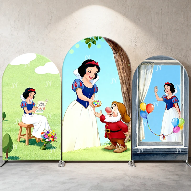 

Disney Snow White Arch Backdrop Cover Dwarf Balloon Scene for Kids Birthday and Baby Shower Party Photo Booth Decor