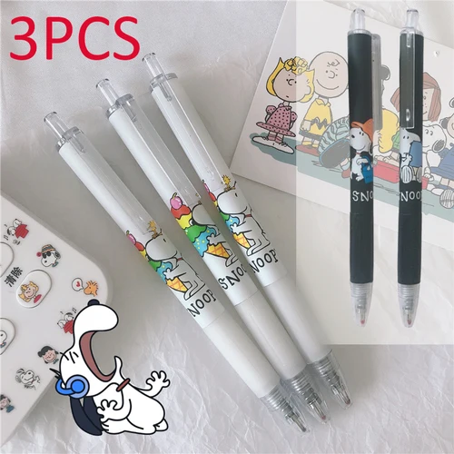 Bolígrafo de Gel Snoopy de 3 uds., bolígrafos de prensa de repuesto negros de 0,5mm, escritura para estudiantes, exámenes suaves, bolígrafo de firma, suministros de papelería escolar de dibujos animados
