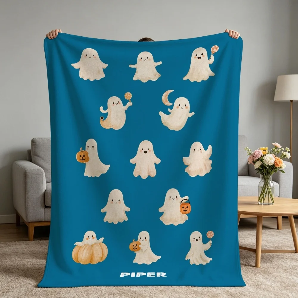 Personalized Custom Name Halloween Flannel Blanket, Multi‑Color Options Cute Ghost Pumpkin Moon Print Blanket Fall Home Decor