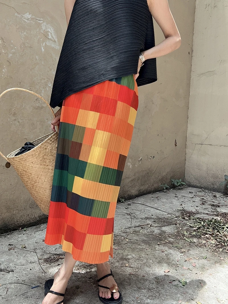 

Miyake Summer New Rainbow Plaid Print Side Split Pleated Skirt Fashionable Casual Elegant Aesthetic Clothing