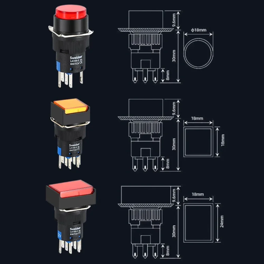 16mm Push Button Switch LED Illuminuted 12/24/220V Momentary Self-locking on Off with Light Square Round Rectangle Power Switch