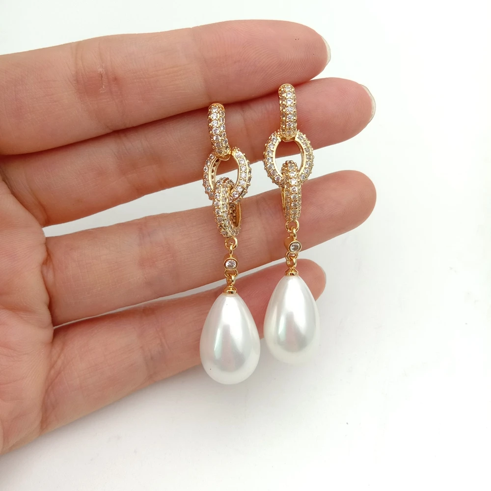 Y·YING Teardrop White Sea Shell Pearl Cz Pave Post Dangle Earrings