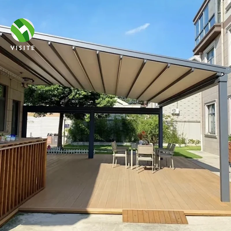 Outdoor Waterproof Sunshade Electric Retractable Pergola Roof LED Aluminum Frame Remote Control