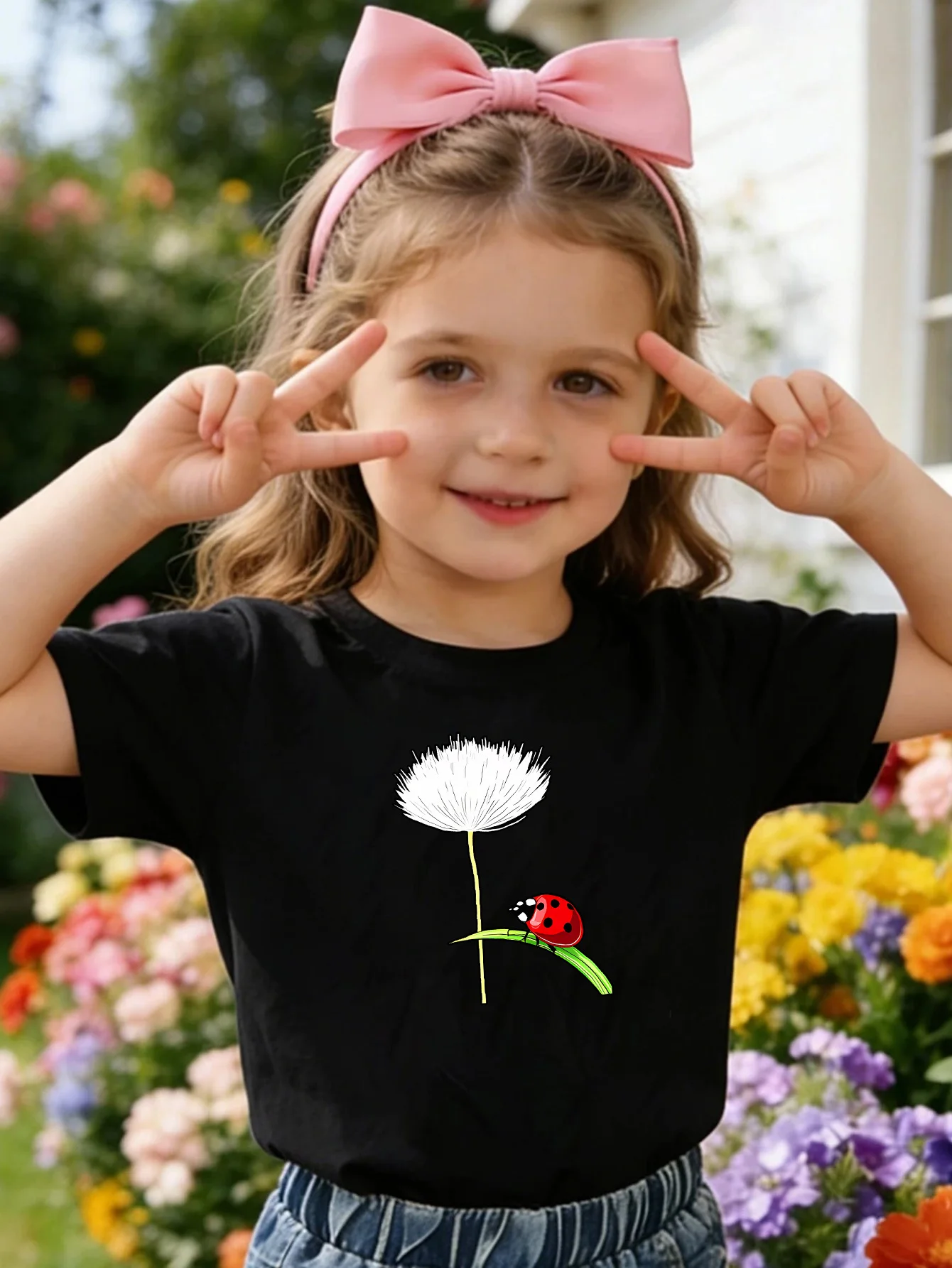 Lovely Dandelion Ladybug Nature Cartoon Kids Tee Boys Girls Family Matching Cotton Crew Neck Short Sleeve Soft Casual Summer Tee
