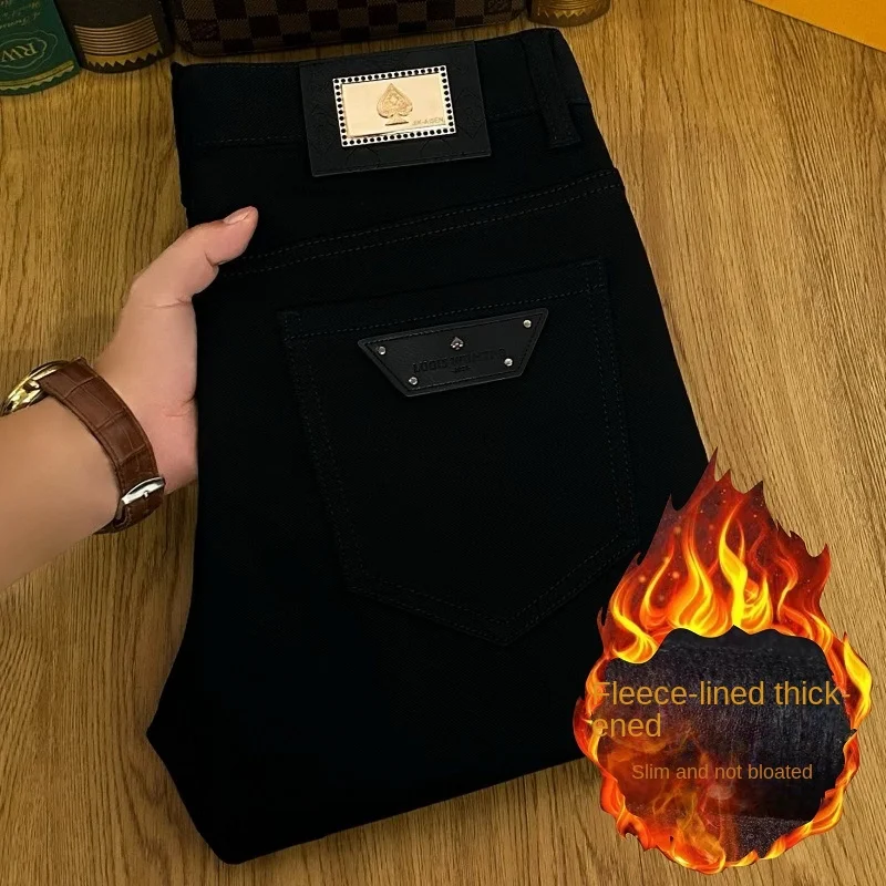 Pantalones vaqueros gruesos y cálidos de forro polar para hombre, pantalones ajustados de ajuste Delgado, a la moda, sencillos, suaves y cómodos, informales, combinan con todo