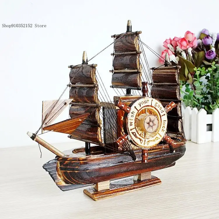 Wooden Sailboat Music Box Wooden Pirate Ship Model Home Living Room Study Office Decoration Gift for Friends