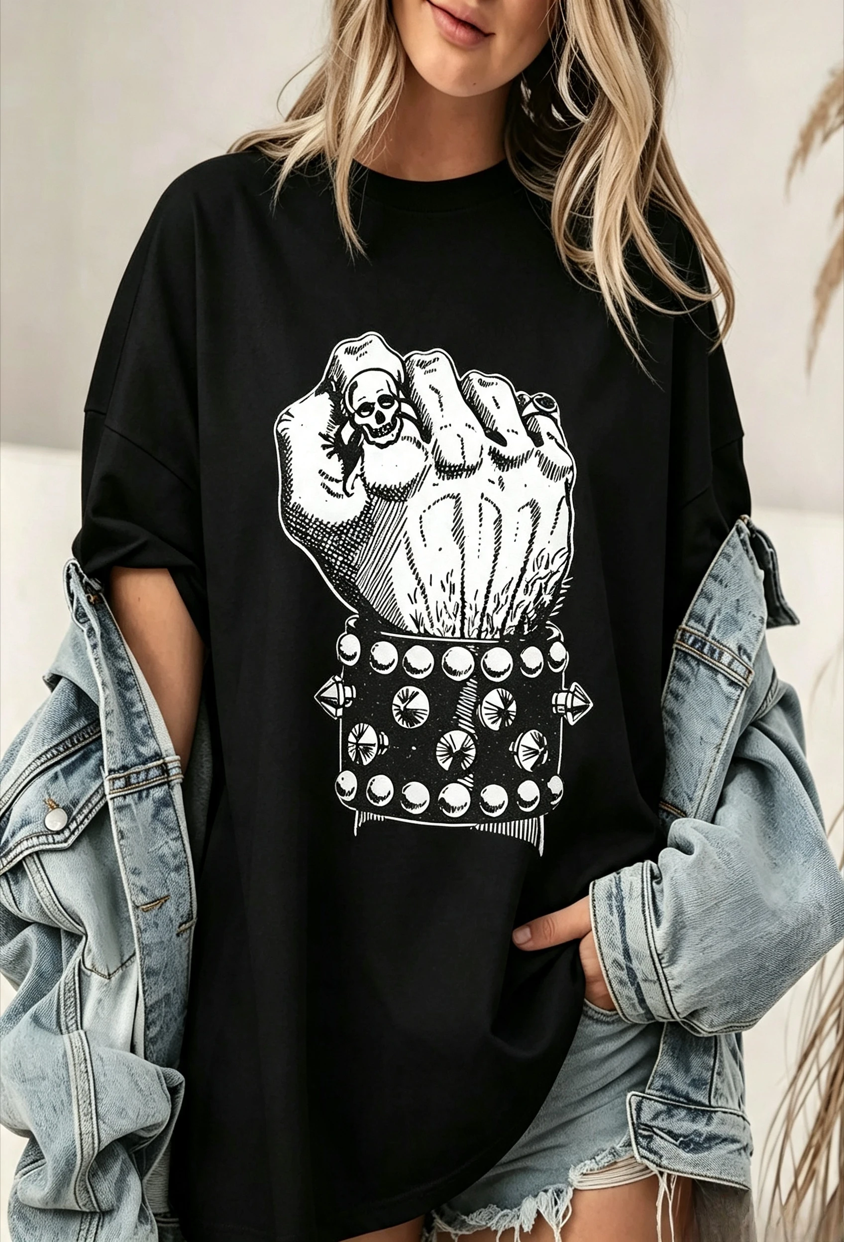 Women's Short Sleeve T‑shirt Retro Punk Fist with Skull Spiked Cuff Print Daily Street Outfit Gothic Rock Tops Women Clothing