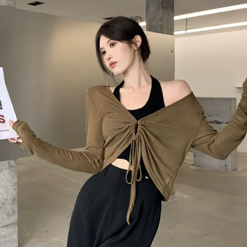 تي شيرت تانك مجموعات النساء أزياء مثير بسيط كل مباراة الترفيه الصيف الشمس واقية تصميم اليومية الكورية نمط Shiring السيدات أنيقة