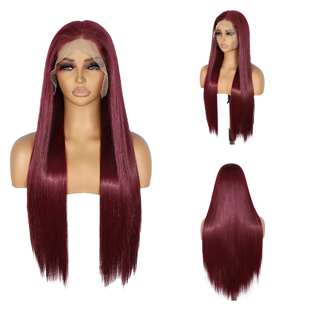 

Wear and Go Glueless 13x4 Lace Front Wig Burgundy Long Straight Synthetic Heat Resistant Wig Natural Hairline For Women Cosplay
