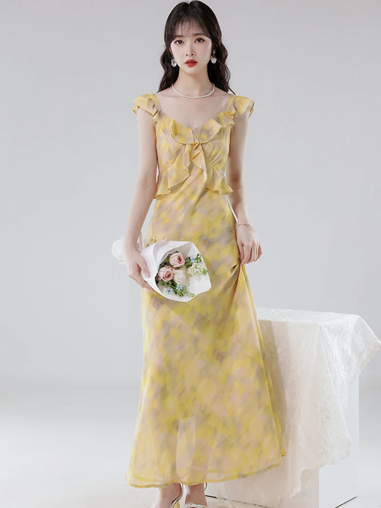 Robe longue en mousseline de soie, Style plage, florale, Maxi, élégante, Chic, à volants, écharpe, Sexy, coréenne, moulante, robe de soirée, été, 2025