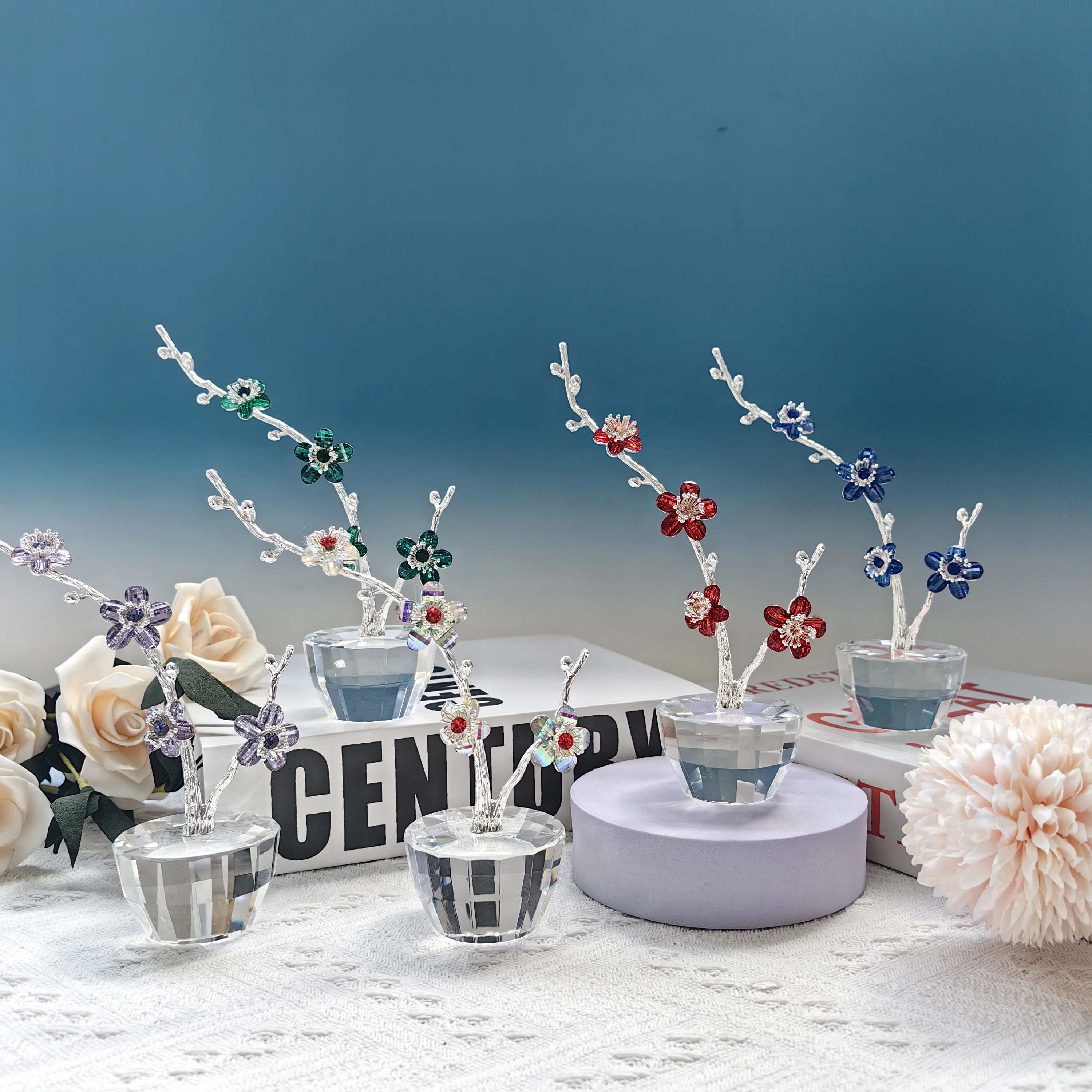 

Shiny Nordic Luxury Crystal Glass Plum Flower Ornament Model Decoration for Home Hotel Wedding Decor Paperweight Birthday Gift