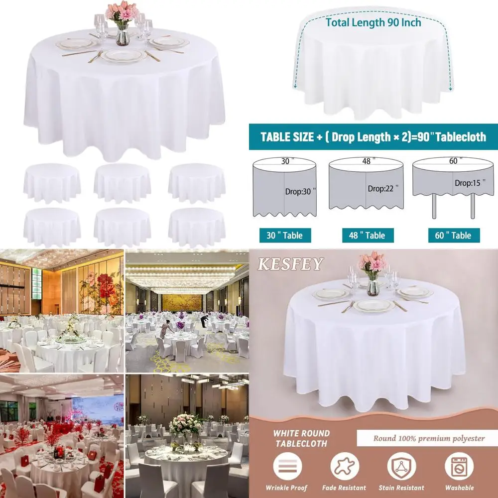 

90 Round White Polyester Tablecloths - Wrinkle-Resistant, High-Density Fabric for Weddings, Parties, and Outdoor Events