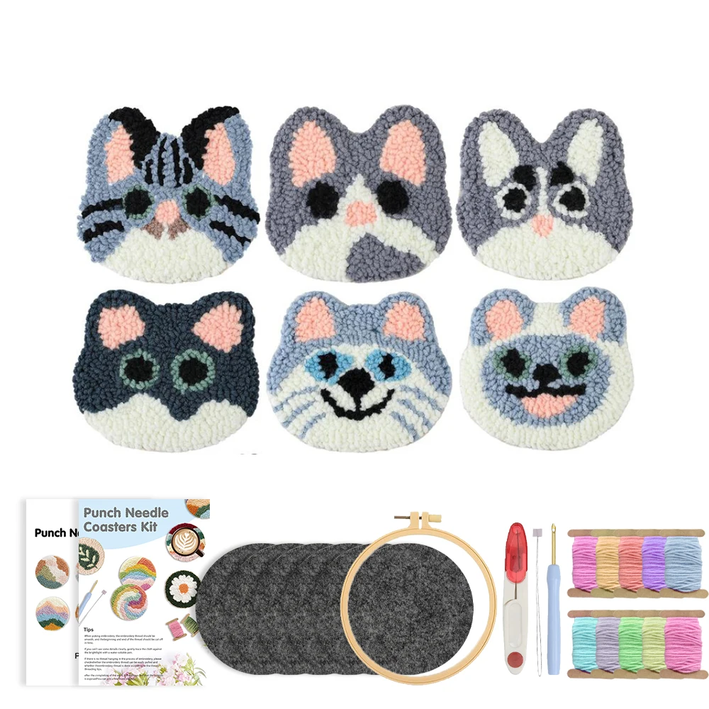 GATYZTORY 6pcs/Set Punch Needle Coaster Kit Cat Animal Punch Needle Embroidery Kit for Beginners Adult Kids Gift Home Decor